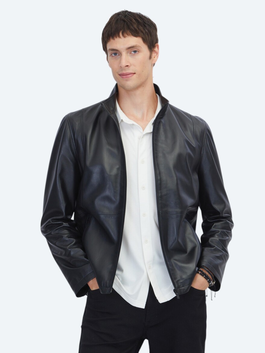 Black Regular Fit Turtleneck Casual Sheep Leather Leather Coat - KİP