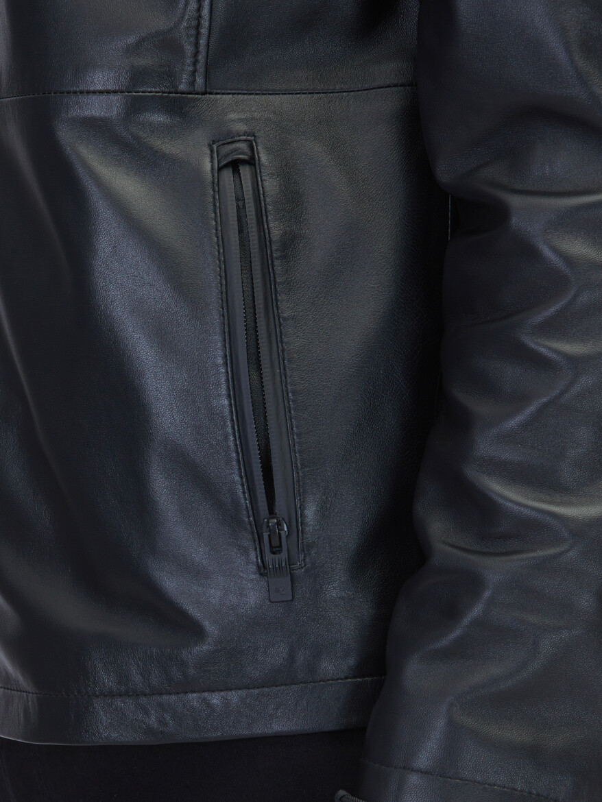 Black Regular Fit Turtleneck Casual Sheep Leather Leather Coat - 5