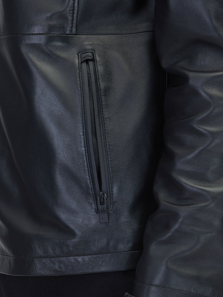 Black Regular Fit Turtleneck Casual Sheep Leather Leather Coat - 5