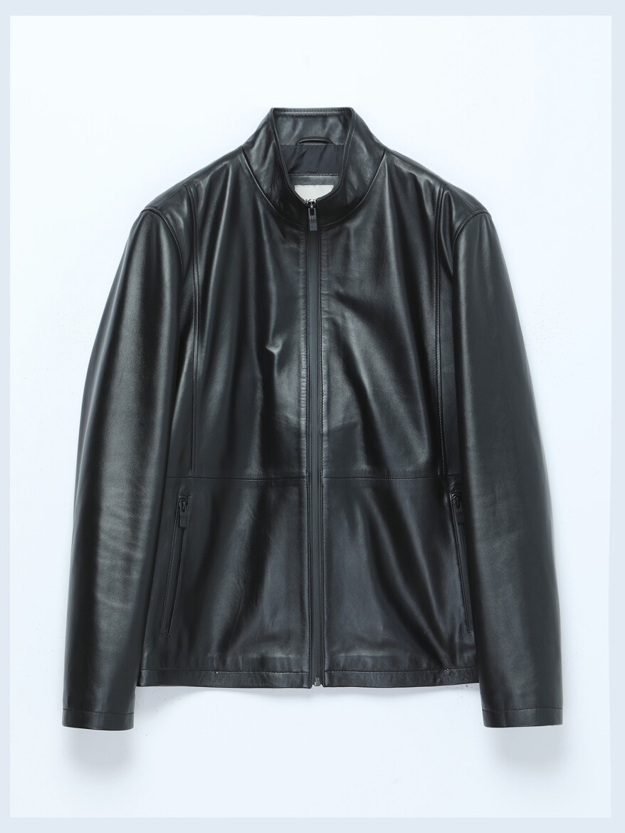 Black Regular Fit Turtleneck Casual Sheep Leather Leather Coat - 7