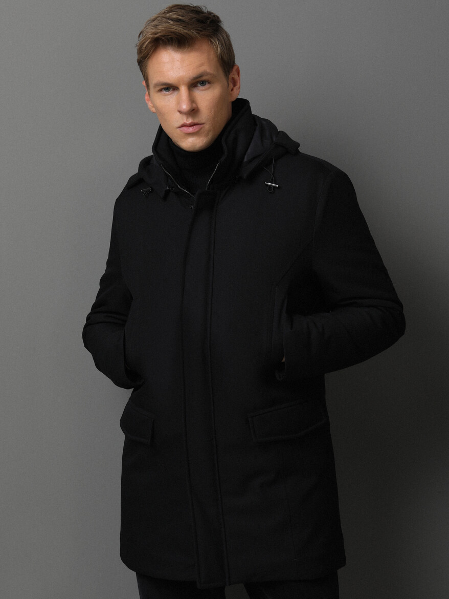 Black Regular Fit Turtleneck Casual Weaving Coat - 1