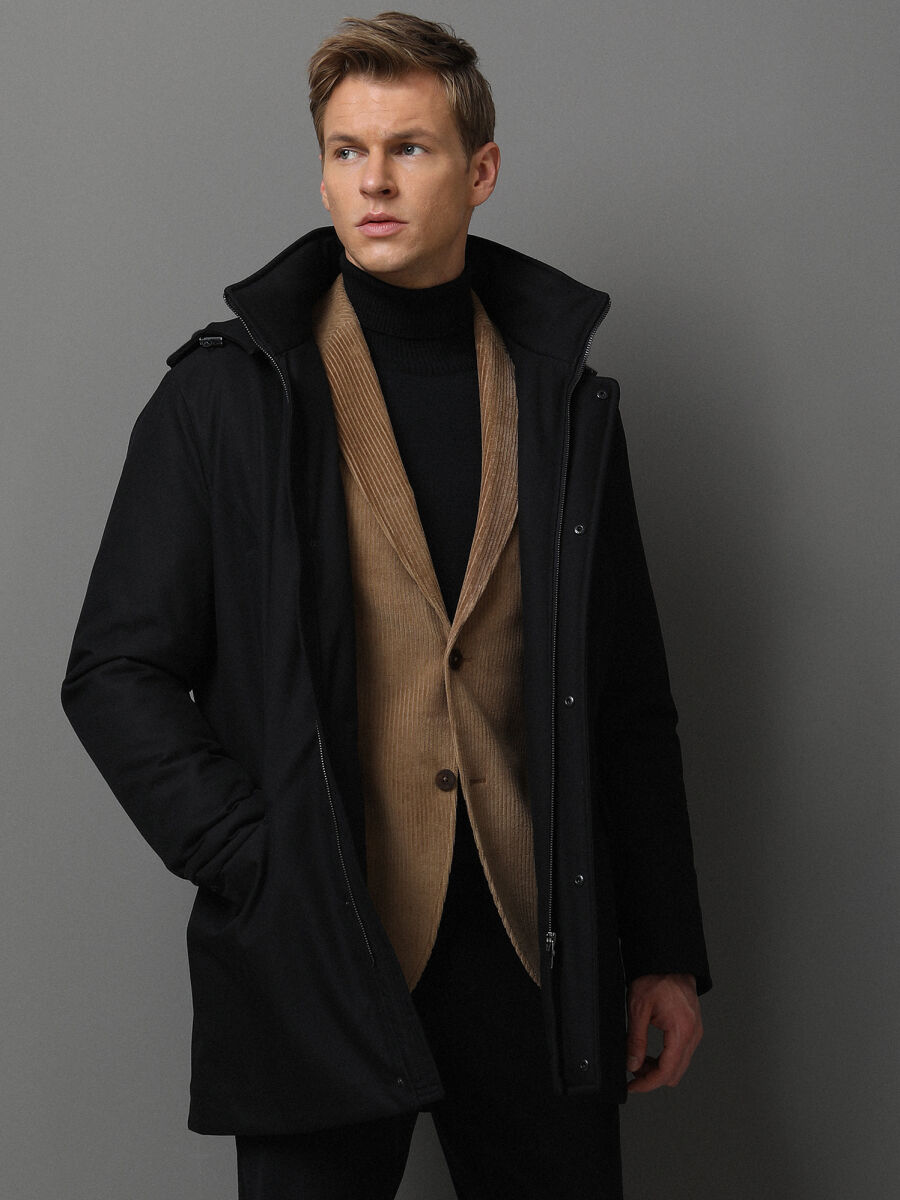 Black Regular Fit Turtleneck Casual Weaving Coat - 3