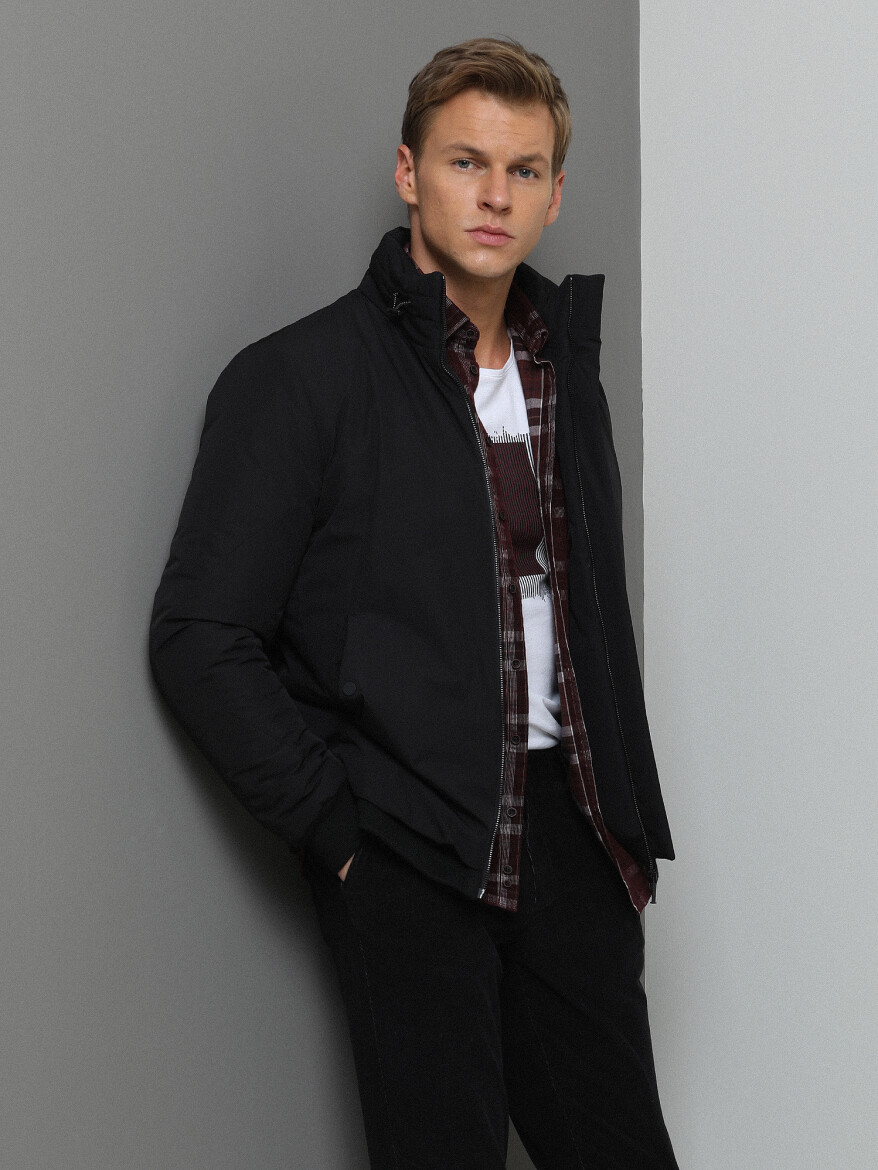 Black Regular Fit Turtleneck Casual Weaving Coat - 1