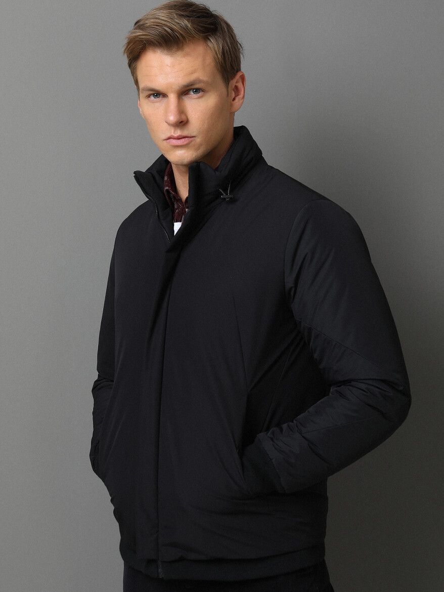 Black Regular Fit Turtleneck Casual Weaving Coat - 3