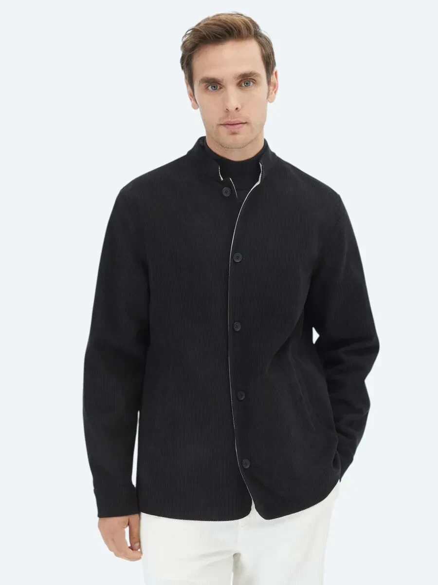 Black Regular Fit Turtleneck Casual Weaving Double-Sided Coat - 5