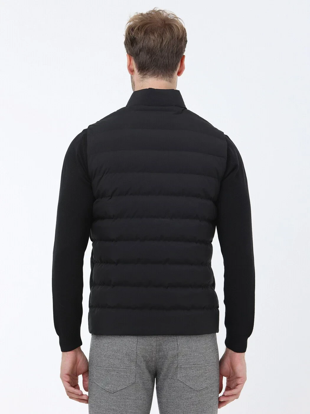 Black Regular Fit Turtleneck Casual Weaving Puffer Vest - 4