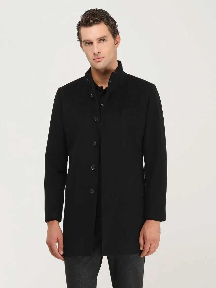 Black Regular Fit Turtleneck Classical Weaving Overcoat - 1