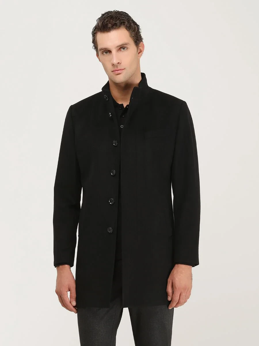 Black Regular Fit Turtleneck Classical Weaving Overcoat - 1