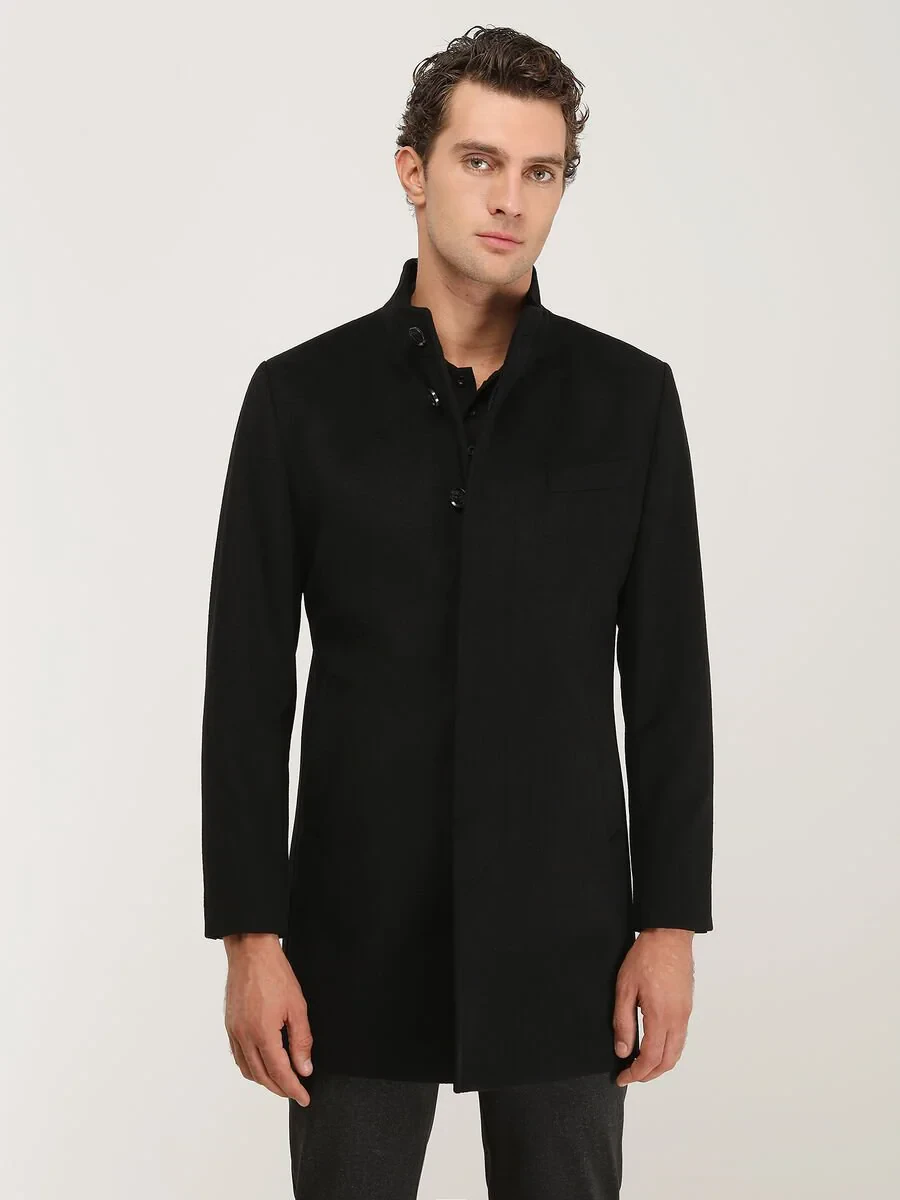 Black Regular Fit Turtleneck Classical Weaving Overcoat - 2