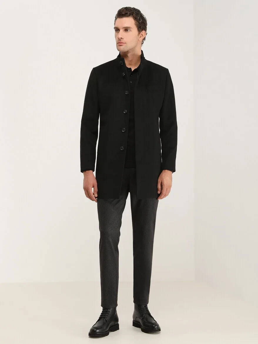 Black Regular Fit Turtleneck Classical Weaving Overcoat - 3