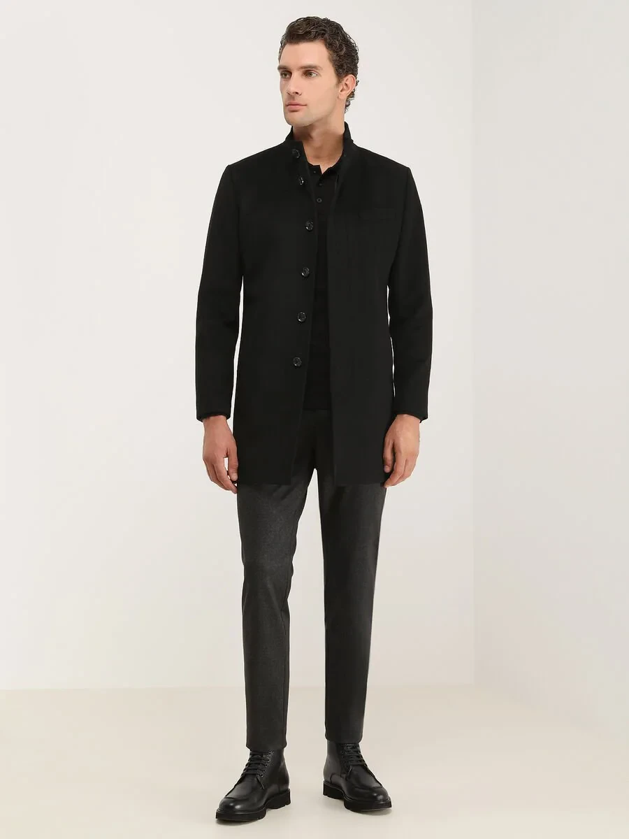 Black Regular Fit Turtleneck Classical Weaving Overcoat - 3
