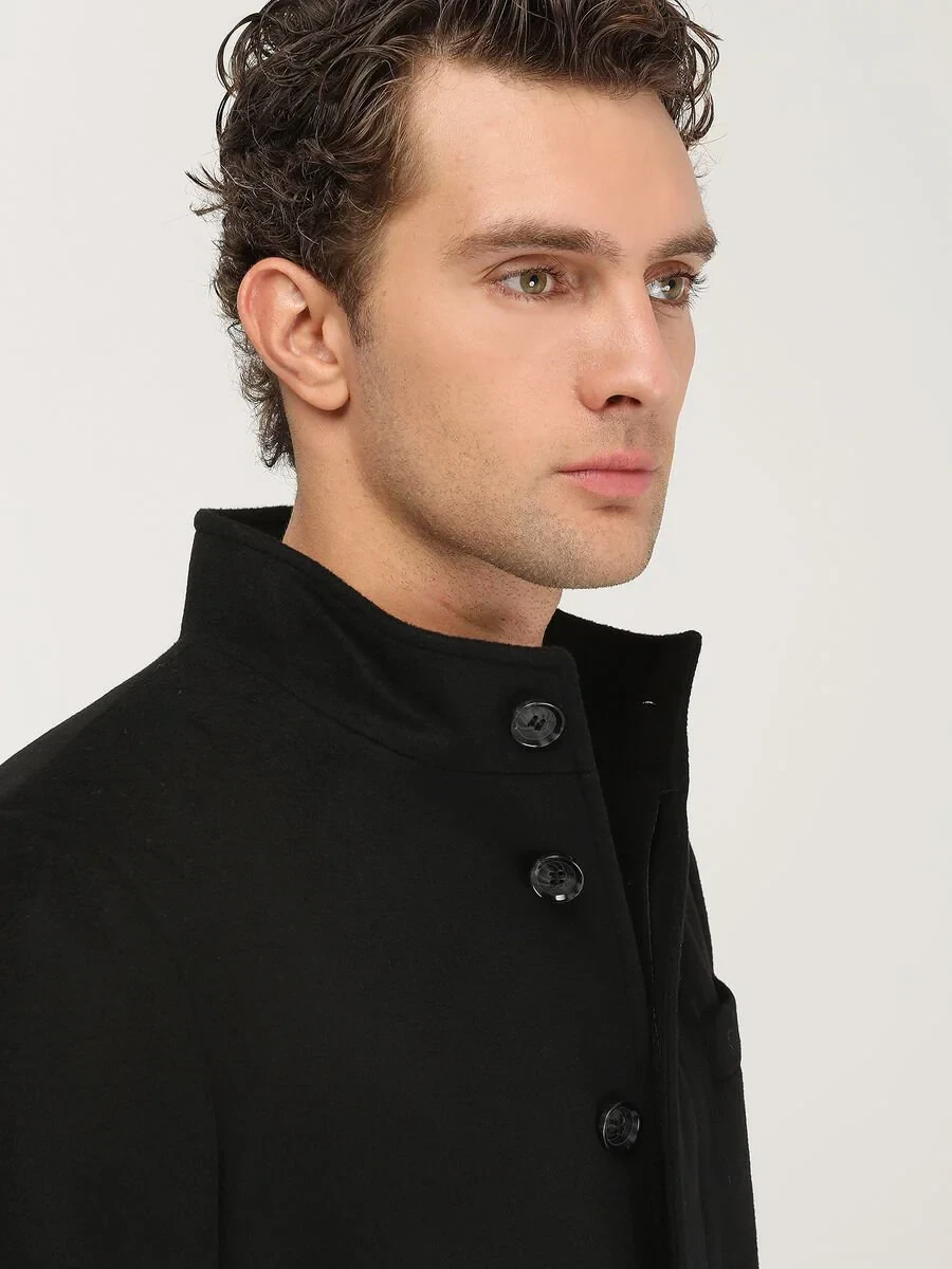 Black Regular Fit Turtleneck Classical Weaving Overcoat - 4