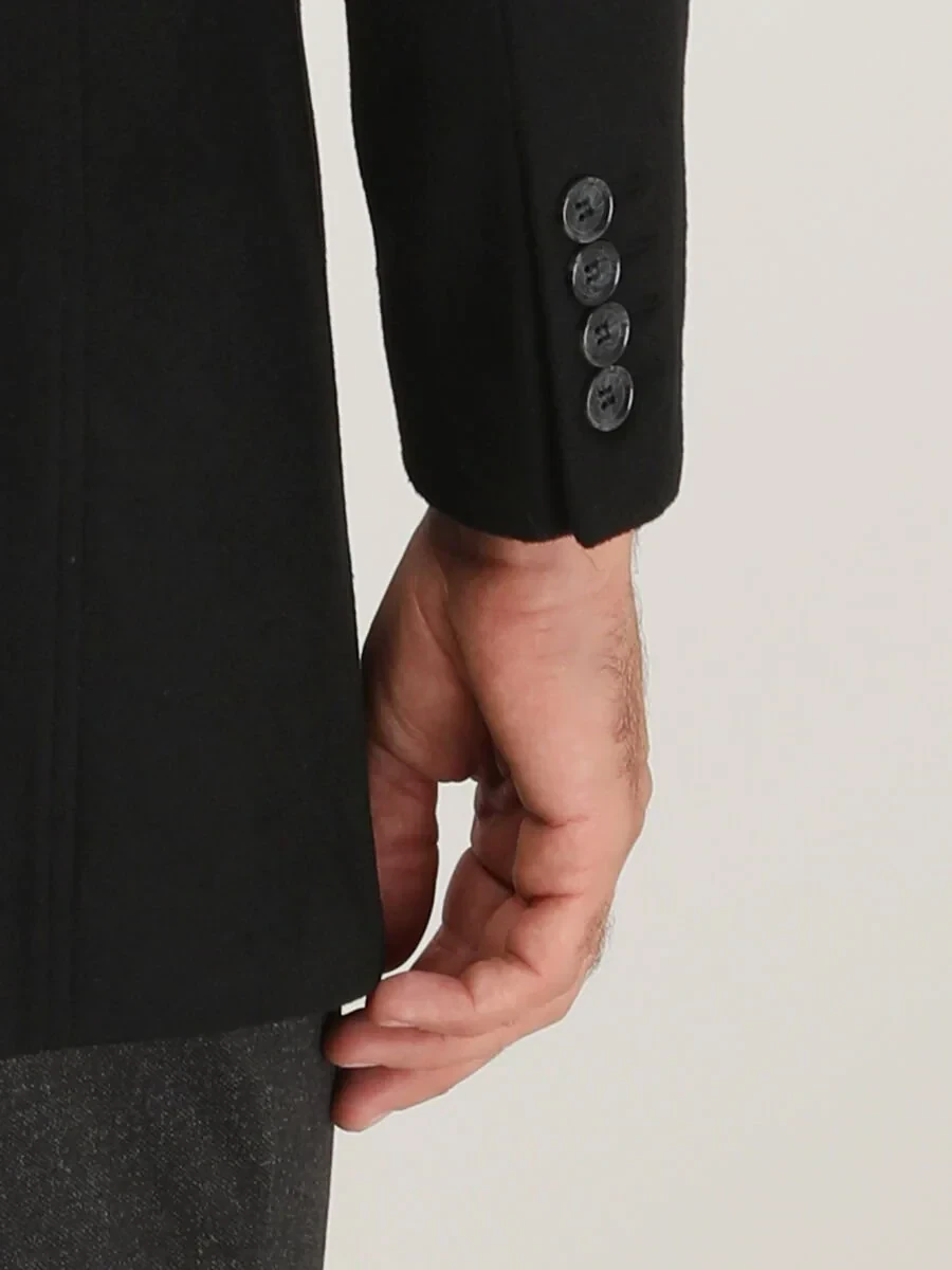 Black Regular Fit Turtleneck Classical Weaving Overcoat - 5