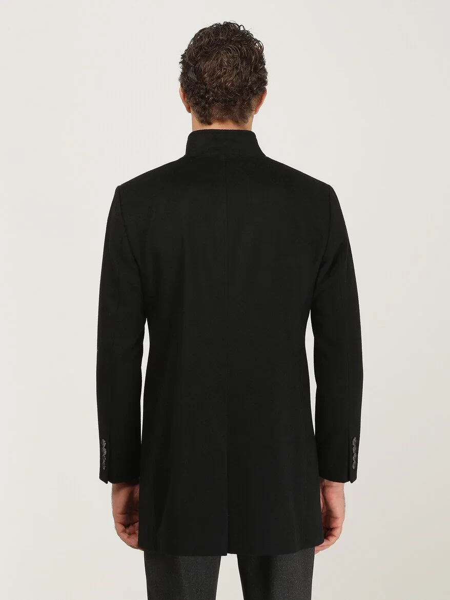Black Regular Fit Turtleneck Classical Weaving Overcoat - 6