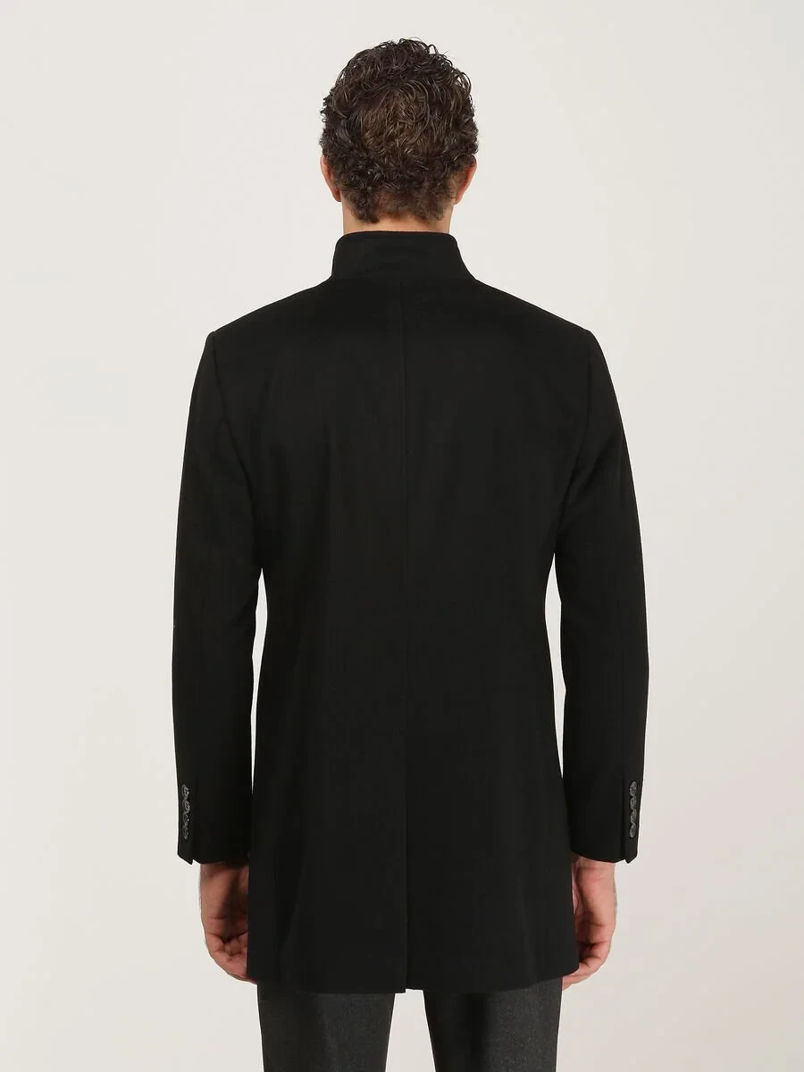 Black Regular Fit Turtleneck Classical Weaving Overcoat - 6