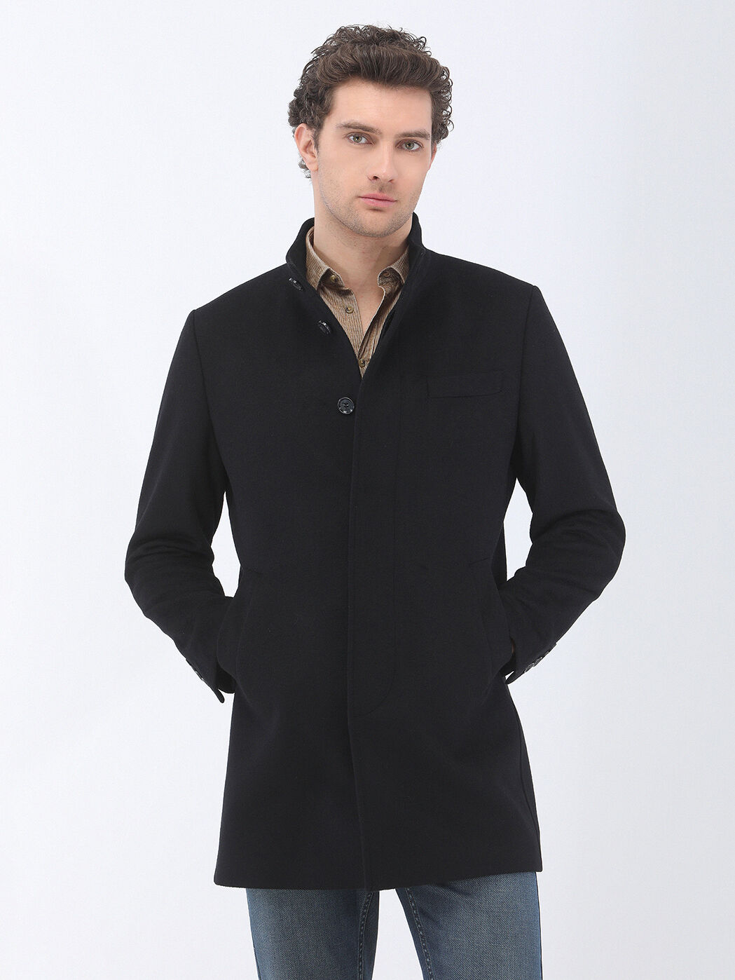 Black Regular Fit Turtleneck Classical Weaving Overcoat - 1