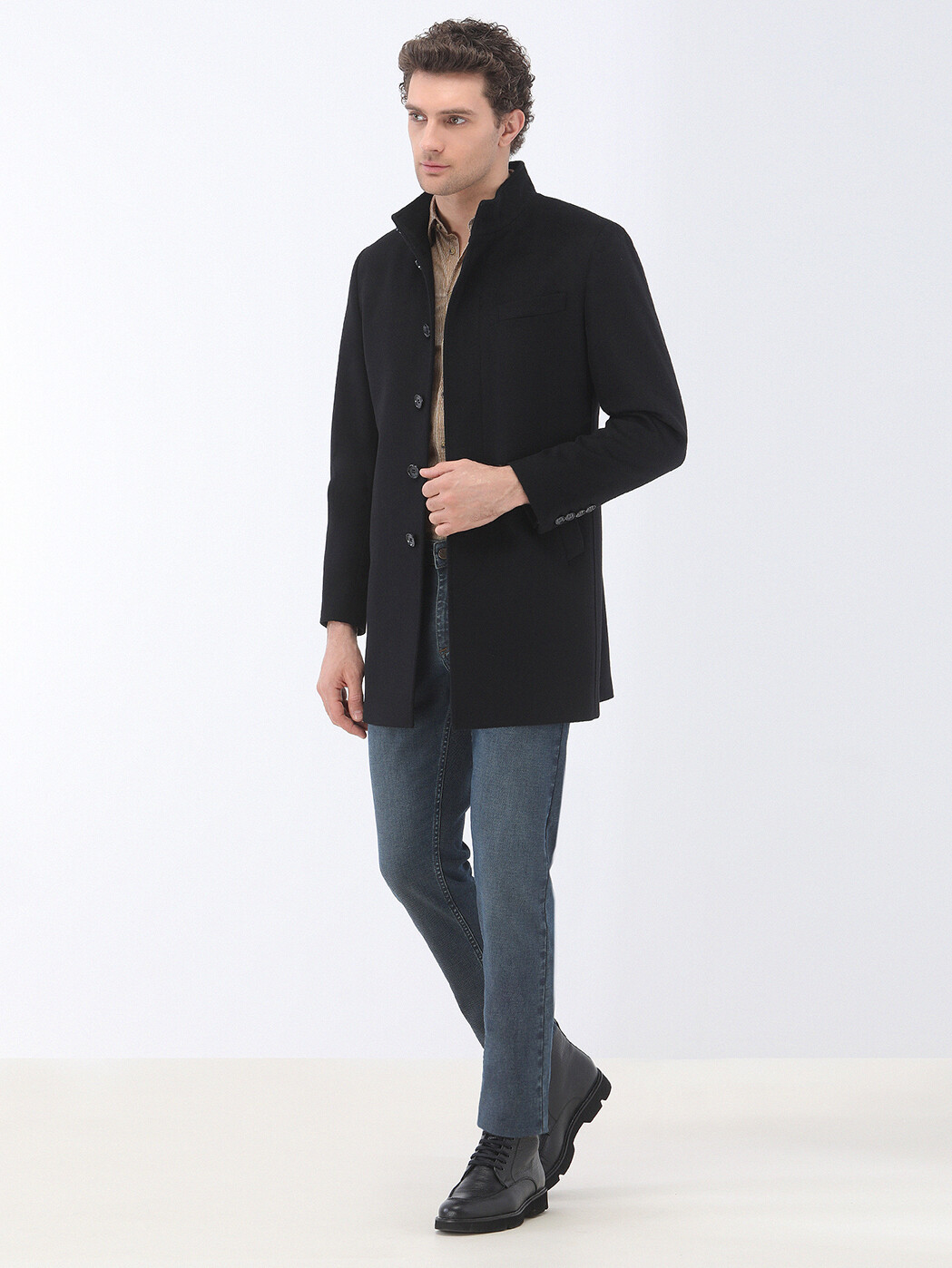 Black Regular Fit Turtleneck Classical Weaving Overcoat - 2