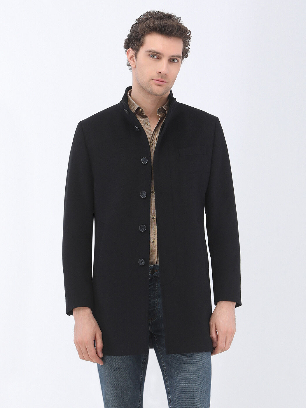 Black Regular Fit Turtleneck Classical Weaving Overcoat - 3