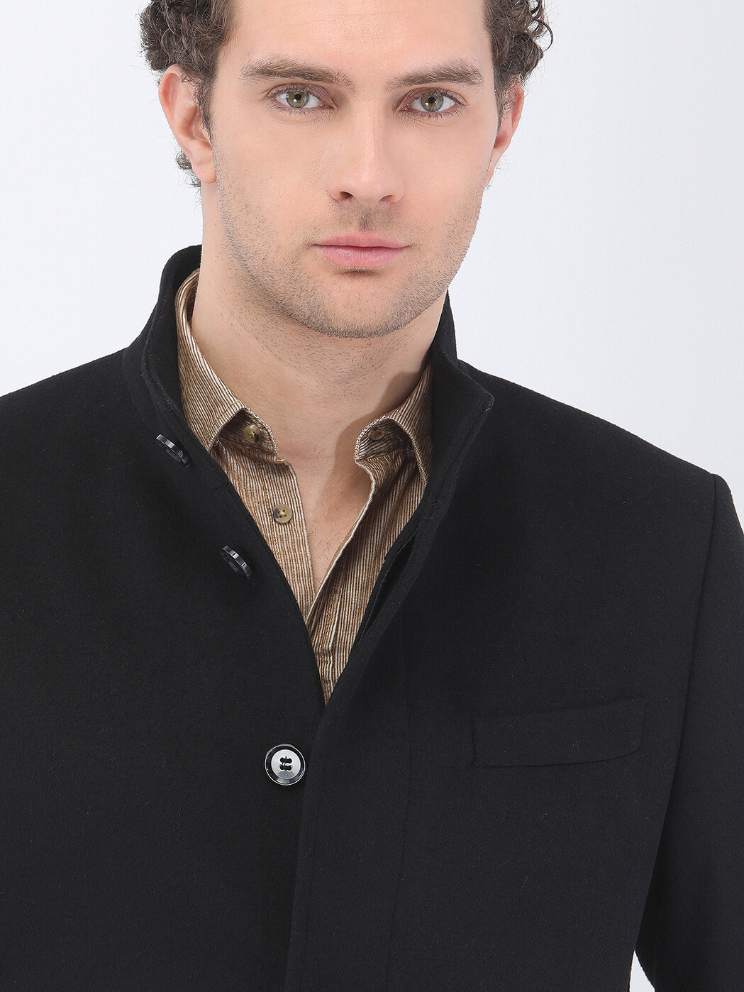 Black Regular Fit Turtleneck Classical Weaving Overcoat - 4