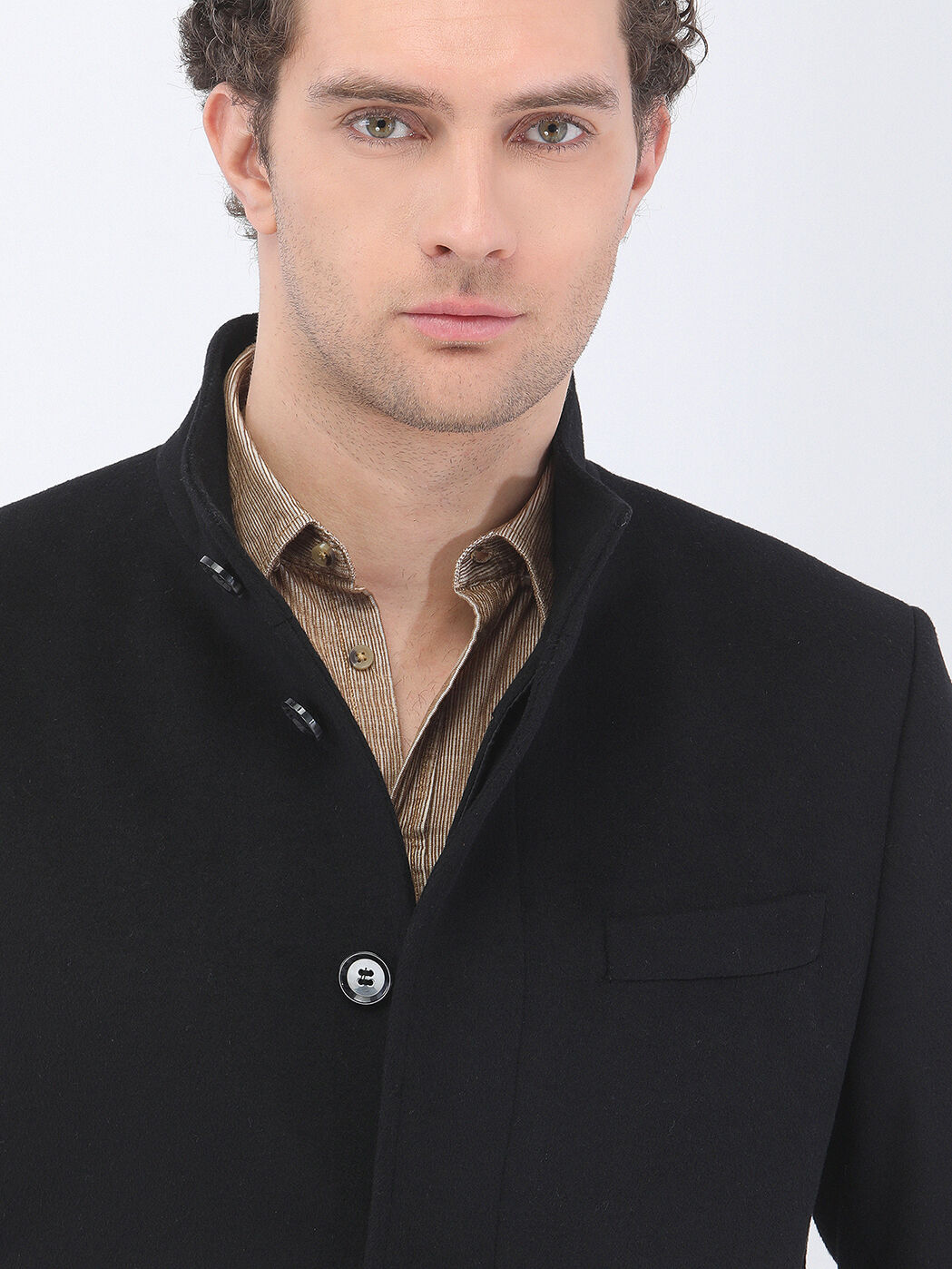 Black Regular Fit Turtleneck Classical Weaving Overcoat - 4