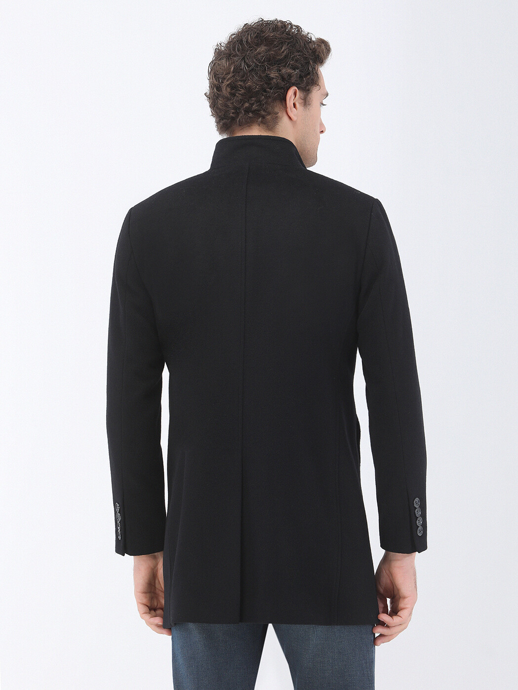 Black Regular Fit Turtleneck Classical Weaving Overcoat - 5
