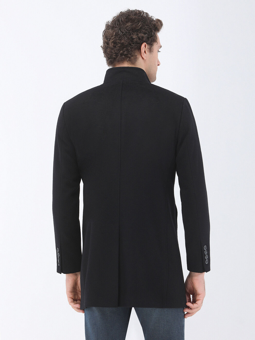 Black Regular Fit Turtleneck Classical Weaving Overcoat - 5