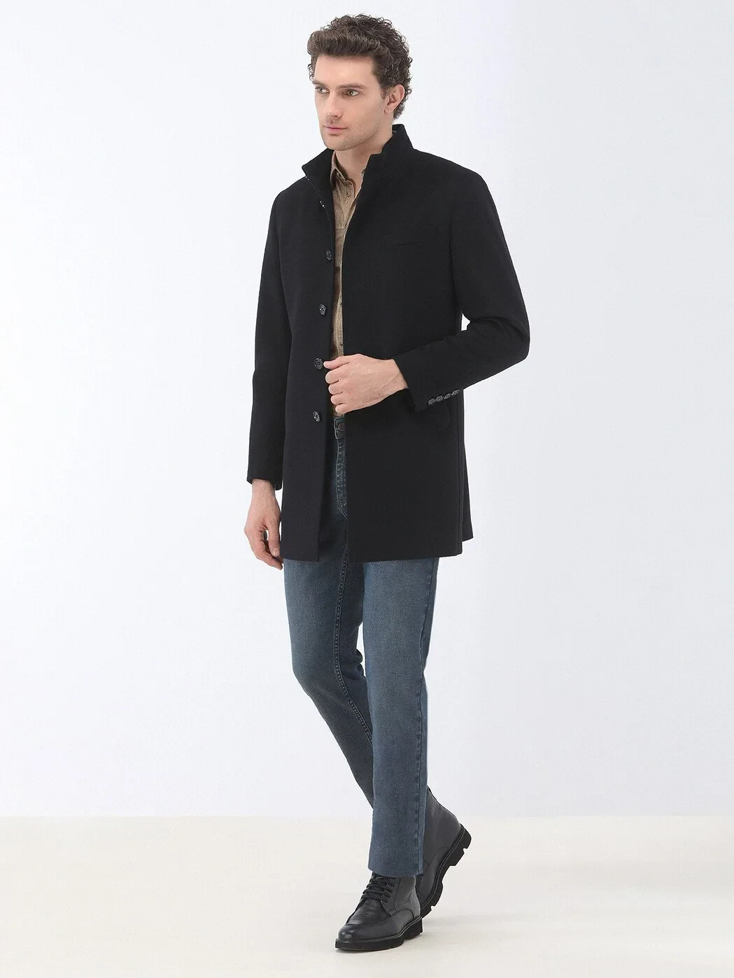 Black Regular Fit Turtleneck Classical Weaving Overcoat - 2