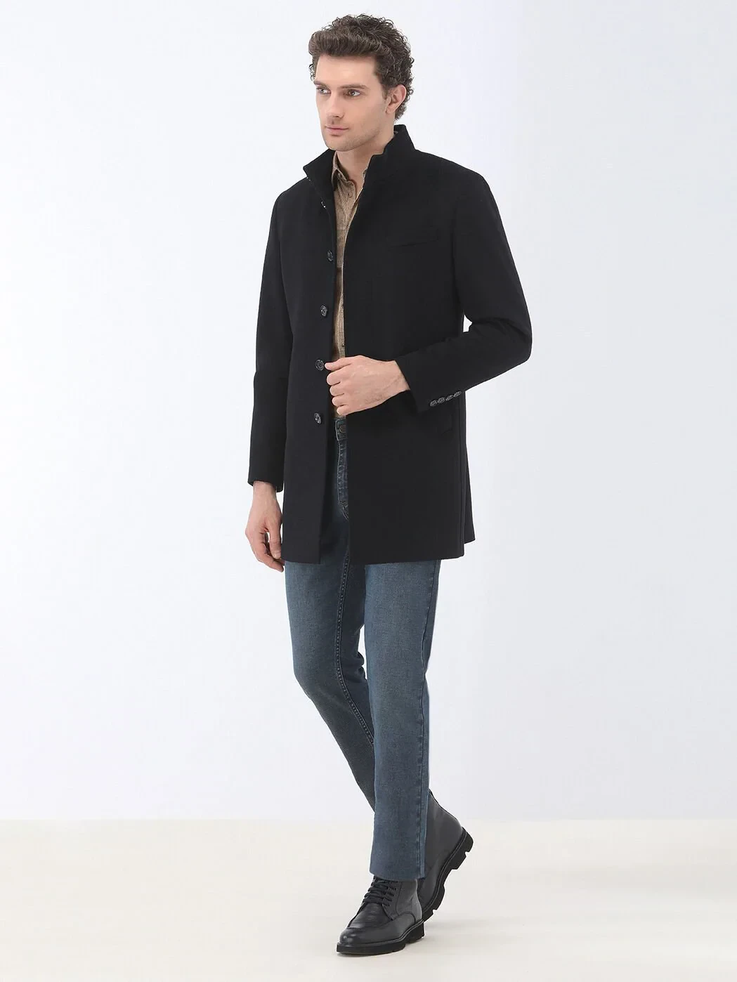 Black Regular Fit Turtleneck Classical Weaving Overcoat - 2