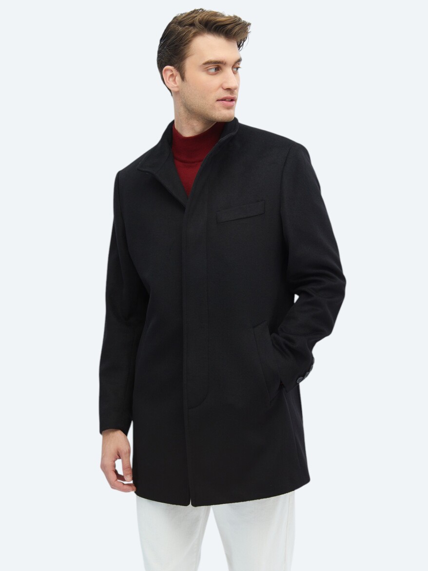 Black Regular Fit Turtleneck Classical Weaving Overcoat - 1