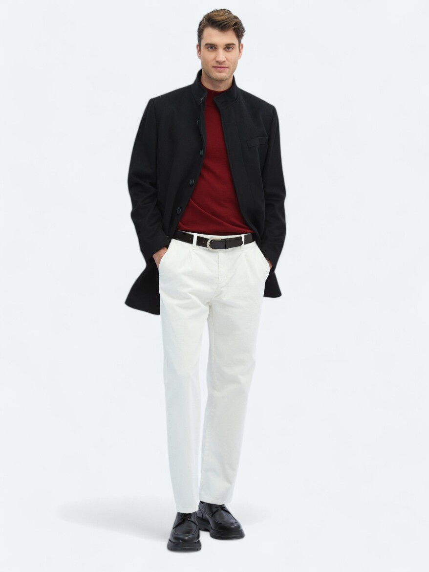 Black Regular Fit Turtleneck Classical Weaving Overcoat - 2