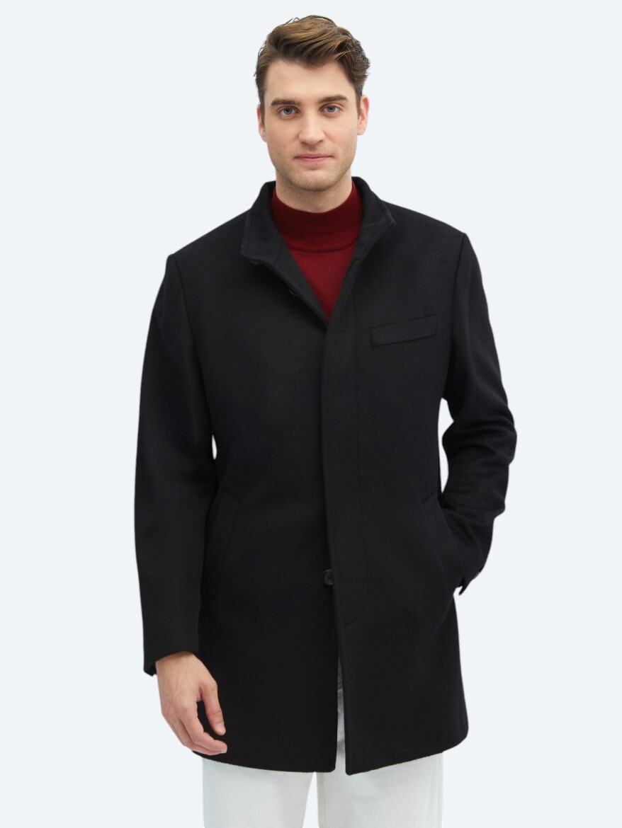 Black Regular Fit Turtleneck Classical Weaving Overcoat - 3