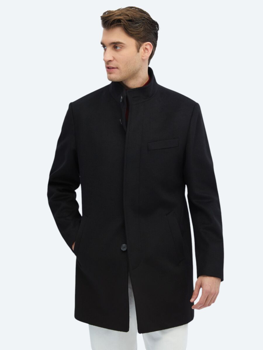 Black Regular Fit Turtleneck Classical Weaving Overcoat - 4