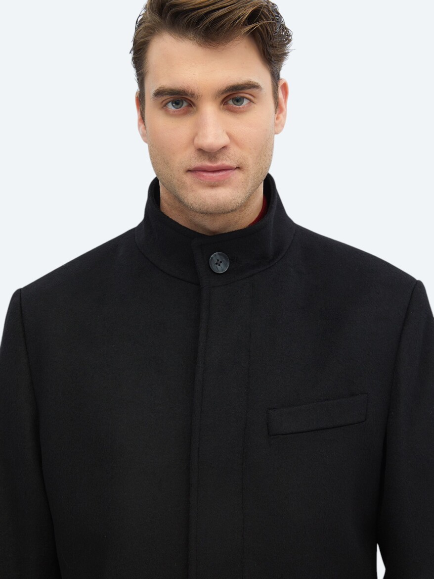 Black Regular Fit Turtleneck Classical Weaving Overcoat - 5