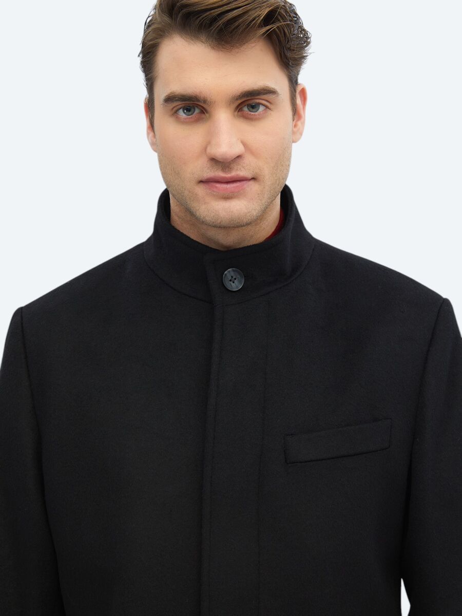 Black Regular Fit Turtleneck Classical Weaving Overcoat - 5