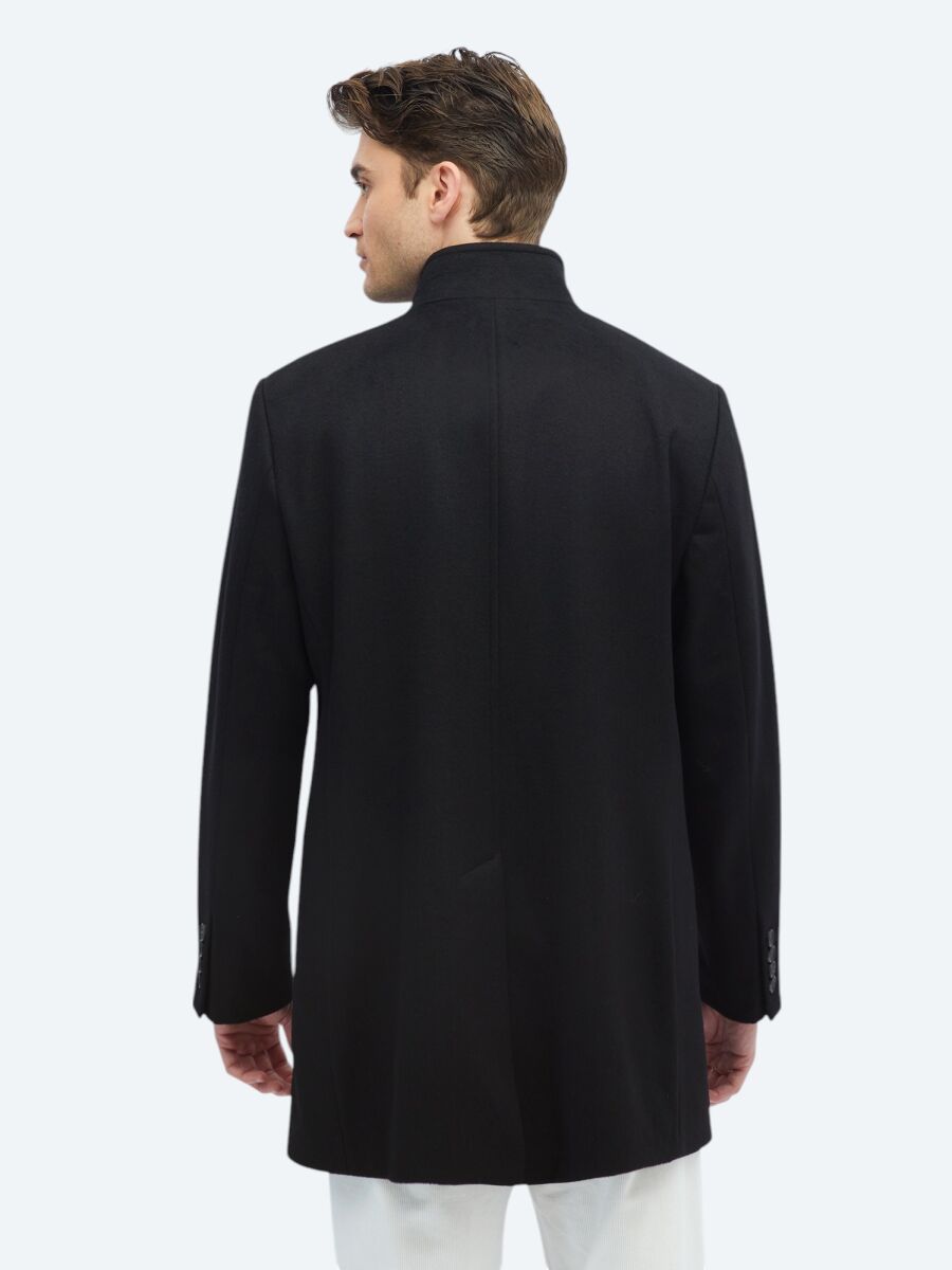 Black Regular Fit Turtleneck Classical Weaving Overcoat - 7