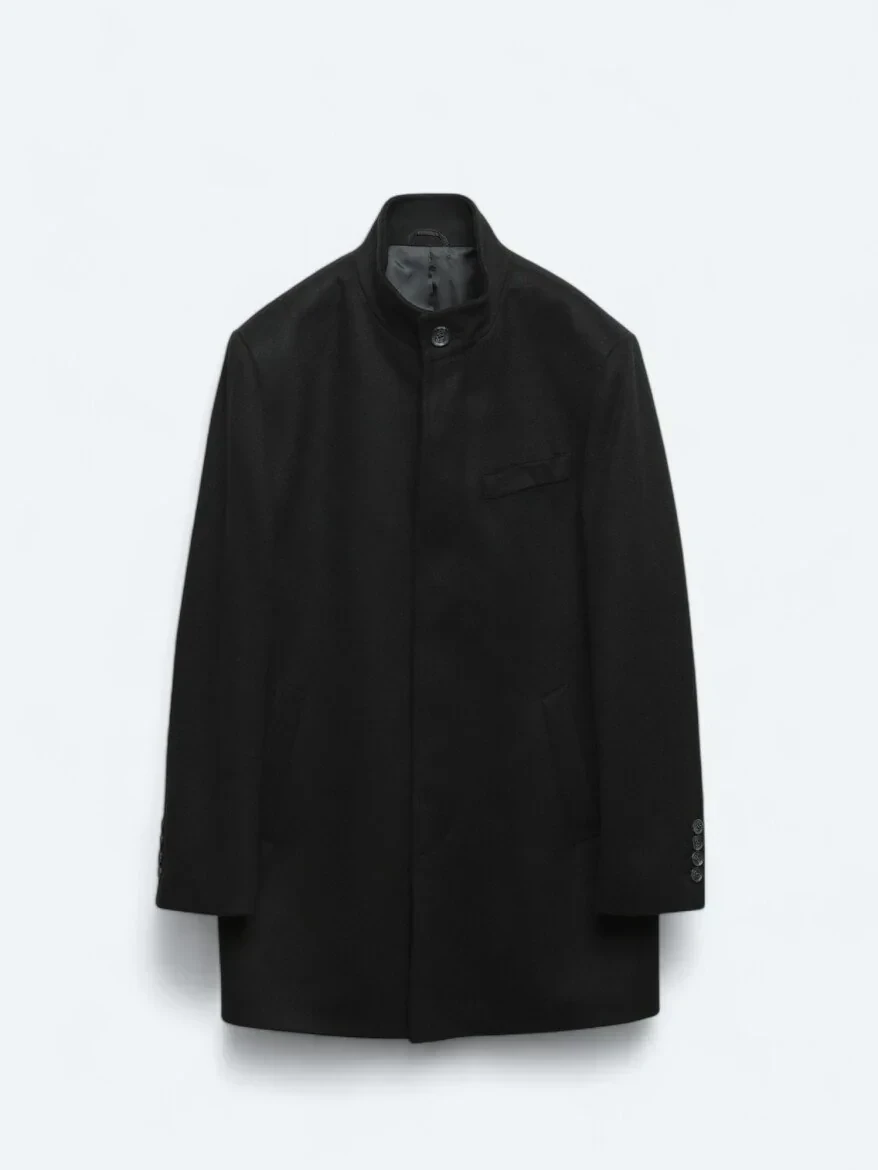 Black Regular Fit Turtleneck Classical Weaving Overcoat - 8