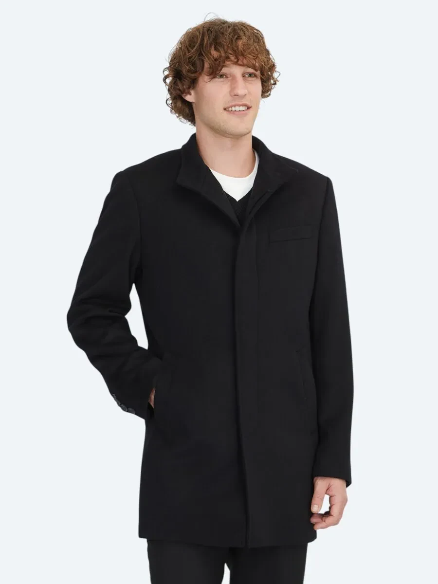 Black Regular Fit Turtleneck Classical Weaving Overcoat - 1