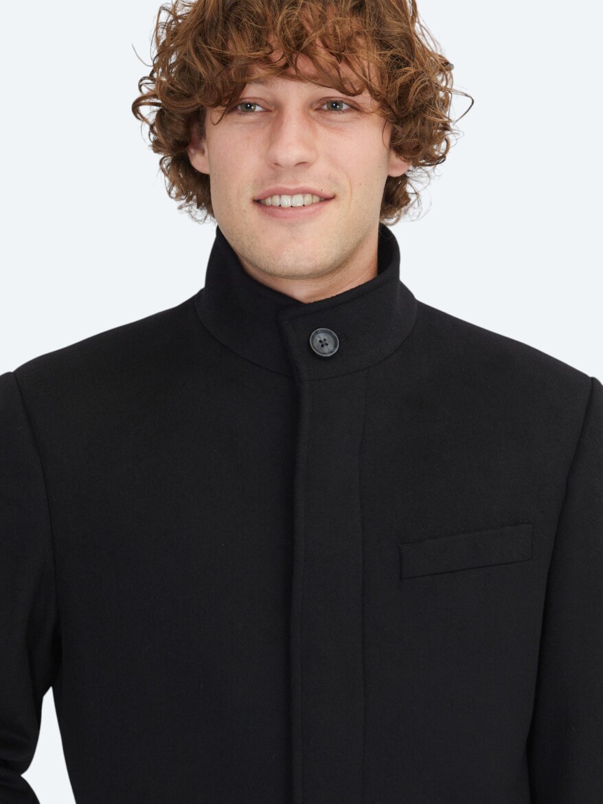 Black Regular Fit Turtleneck Classical Weaving Overcoat - 4