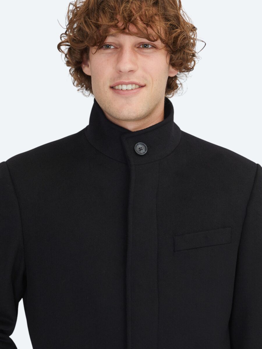 Black Regular Fit Turtleneck Classical Weaving Overcoat - 4