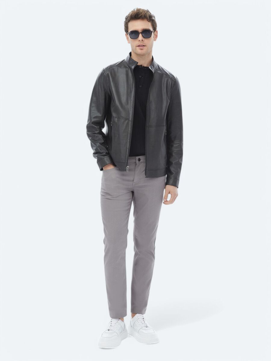 Black Regular Fit Turtleneck Smart Casual Double-Sided Leather Coat - 4