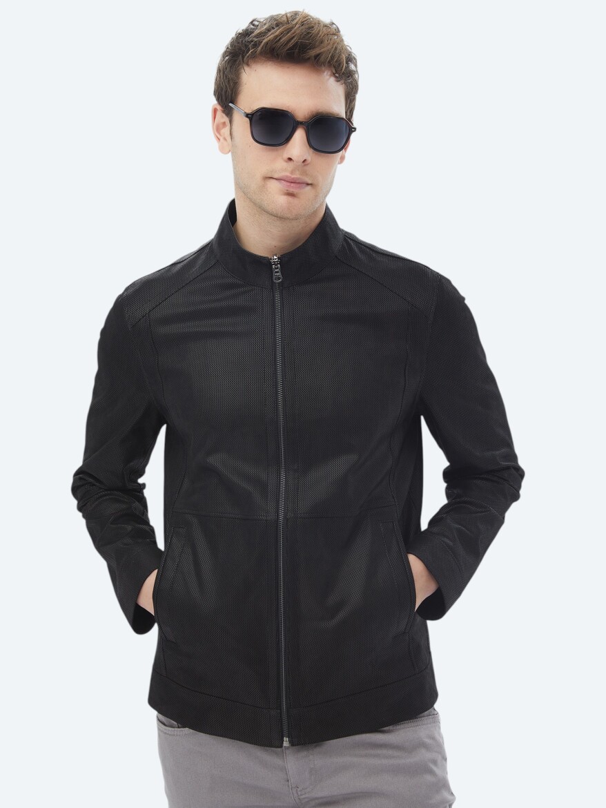Black Regular Fit Turtleneck Smart Casual Double-Sided Leather Coat - 11