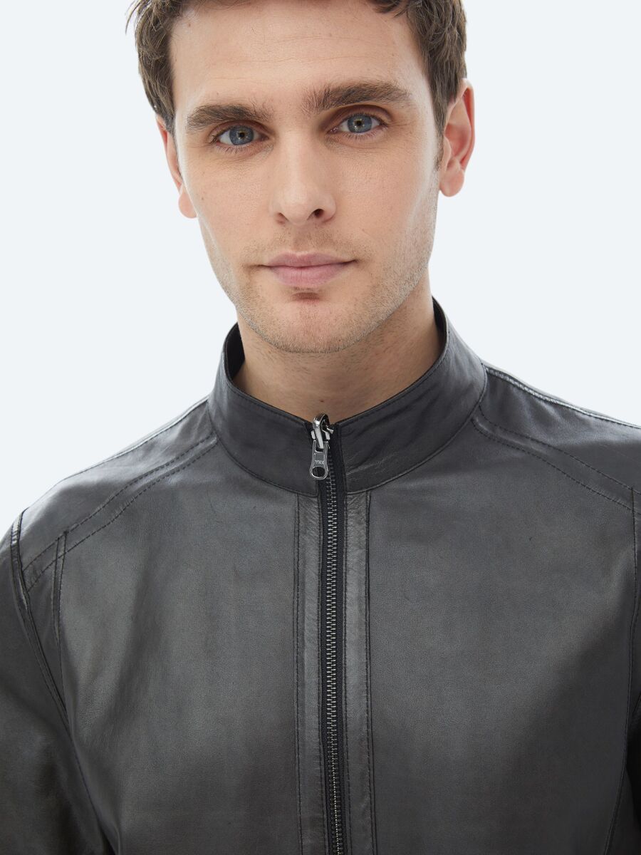 Black Regular Fit Turtleneck Smart Casual Double-Sided Leather Coat - 14
