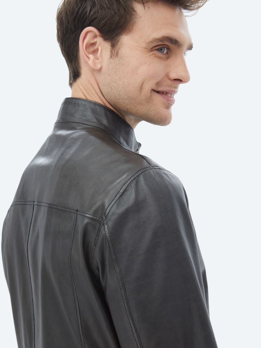 Black Regular Fit Turtleneck Smart Casual Double-Sided Leather Coat - 16