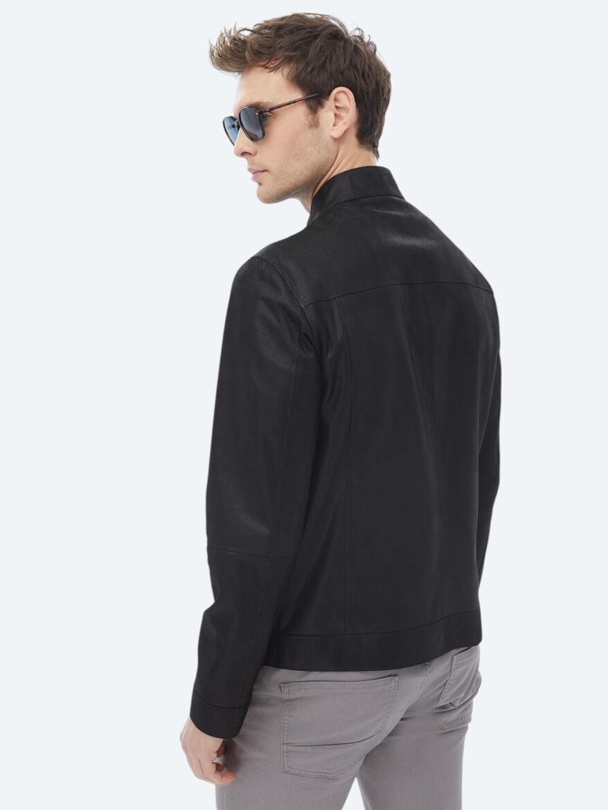 Black Regular Fit Turtleneck Smart Casual Double-Sided Leather Coat - 17
