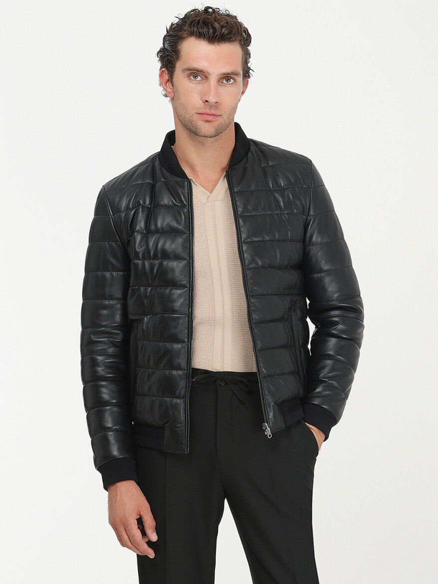 Black Regular Fit Turtleneck Smart Casual Leather Double-Sided Leather Coat - 1