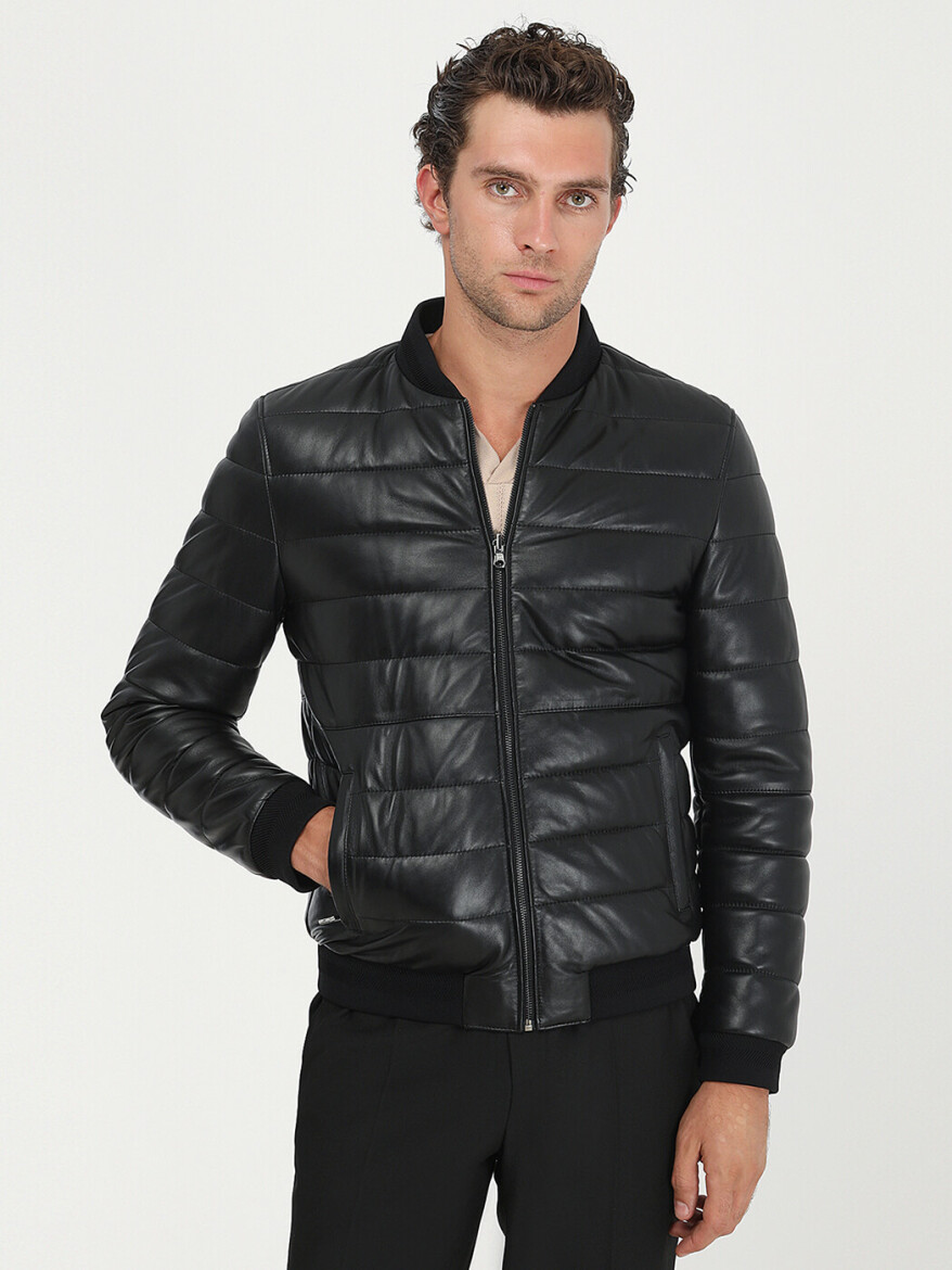 Black Regular Fit Turtleneck Smart Casual Leather Double-Sided Leather Coat - 2