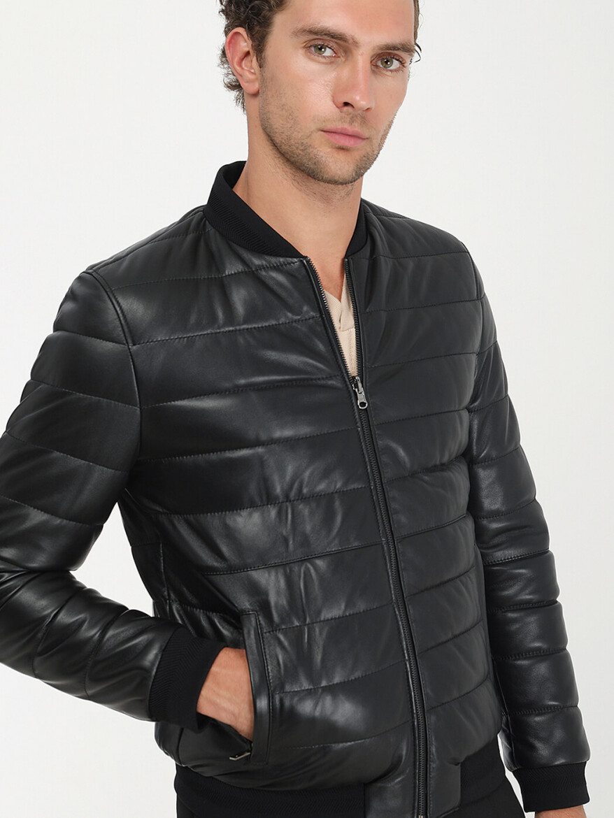 Black Regular Fit Turtleneck Smart Casual Leather Double-Sided Leather Coat - 4