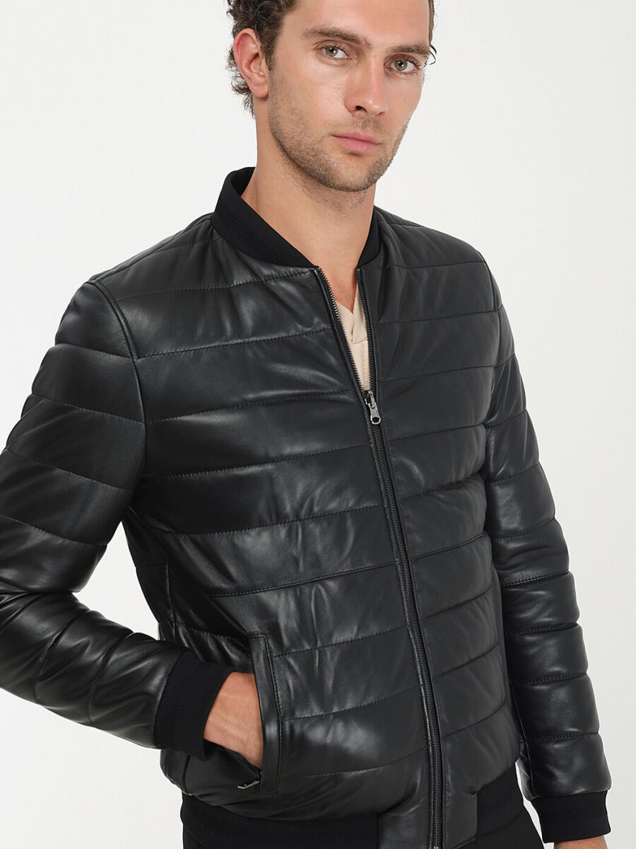 Black Regular Fit Turtleneck Smart Casual Leather Double-Sided Leather Coat - 4