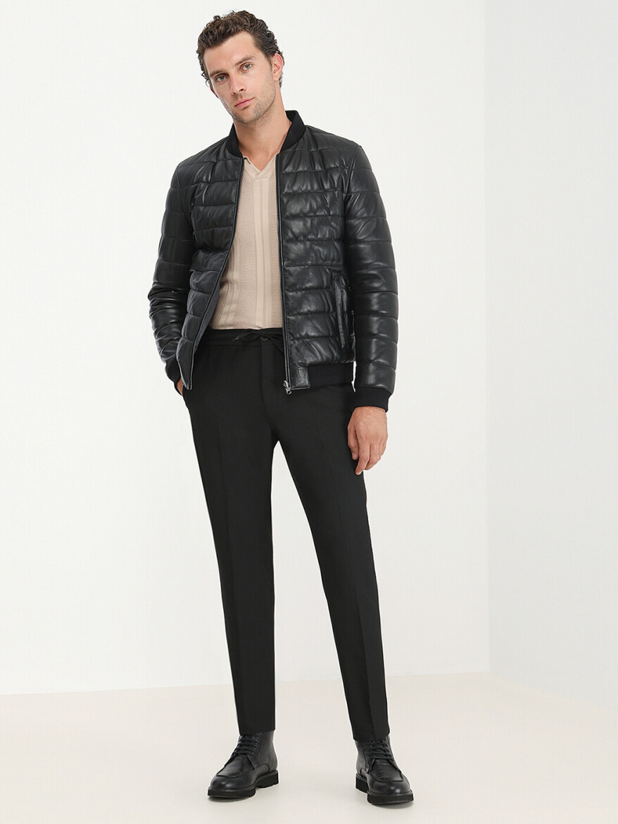 Black Regular Fit Turtleneck Smart Casual Leather Double-Sided Leather Coat - 6