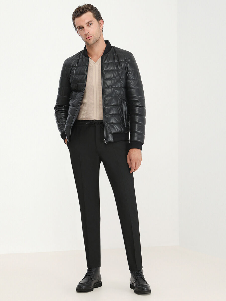 Black Regular Fit Turtleneck Smart Casual Leather Double-Sided Leather Coat - 6